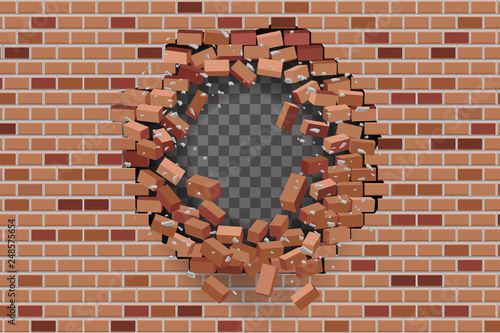 Wall hole destruction red brick break template transparent background vector illustration
