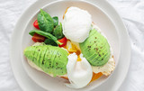 Healthy Breakfast Sandwich Poached Egg Avocado Cheese White Background Top View