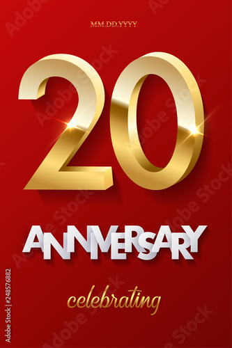 20 golden numbers and Anniversary Celebrating text on red background. Vector vertical twentieth anniversary celebration event invitation template.