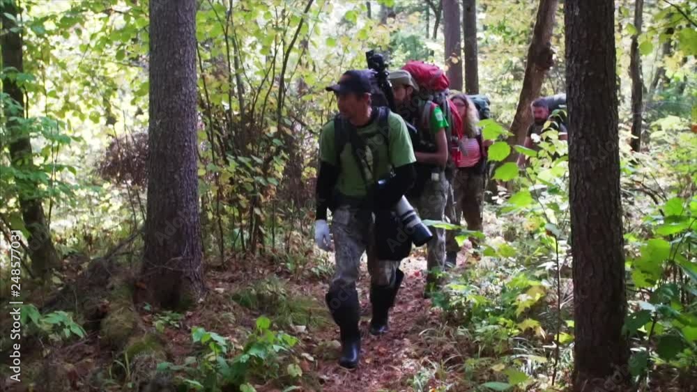 Tourists walk along path through the Sikhote-Alin Nature Reserve forest. Russia Tourists walk along path through the Sikhote-Alin Nature Reserve forest. Russia