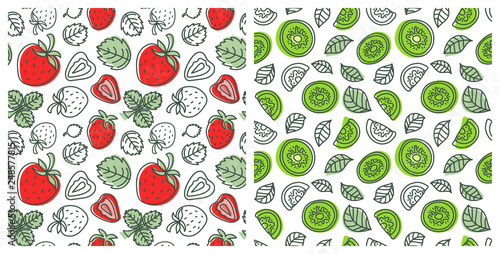 Seamless pattern set. Juicy fruit and berry collection. Strawberry, kiwi. Hand drawn color vector sketch background. Colorful doodle wallpaper. Summer print