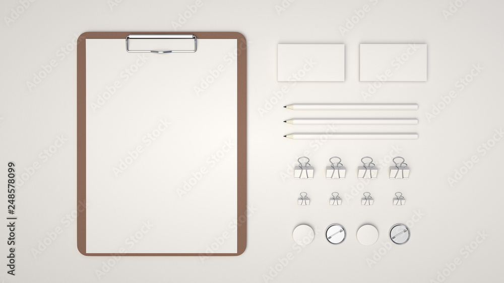 Clipboard, business cards, binder clips, badges and pencils - obrazy, fototapety, plakaty 