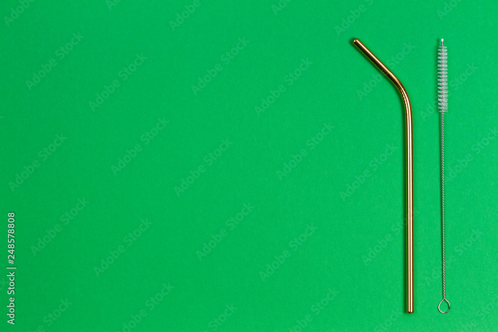 Environmental friendly stainless steel reusable drinking straw and cleaning brush on green background