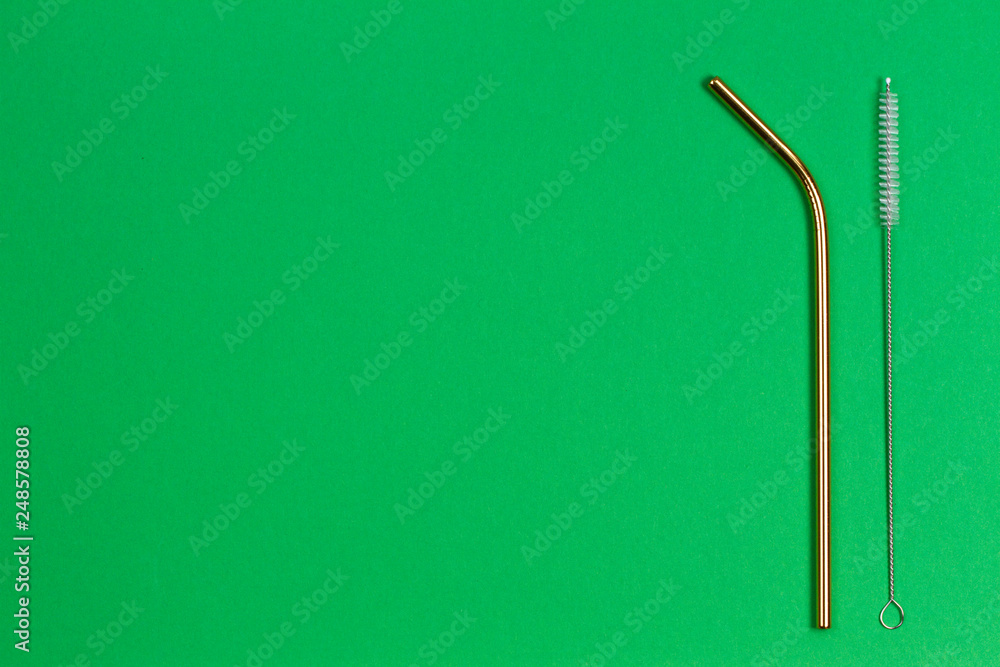 Environmental friendly stainless steel reusable drinking straw and cleaning brush on green background Environmental friendly stainless steel reusable drinking straw and cleaning brush on green background