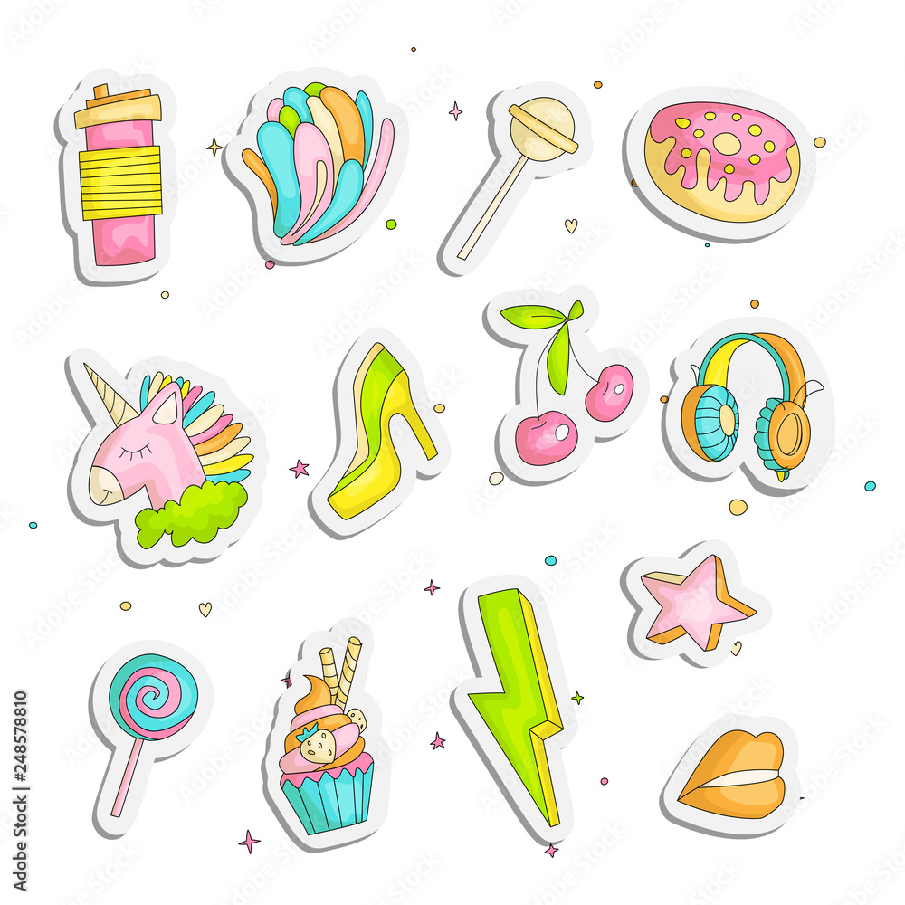 Cute funny Girl teenager colored stickers set, fashion cute teen and  princess icons. Magic fun cute girls objects - unicorn, sweets, rainbow,  cocktail, watermelon and other draw icon patch collection. Stock Vector |