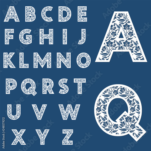 Templates for cutting out letters. Full English alphabet.  May be used for laser cutting. Fancy lace letters. Flower ornament.