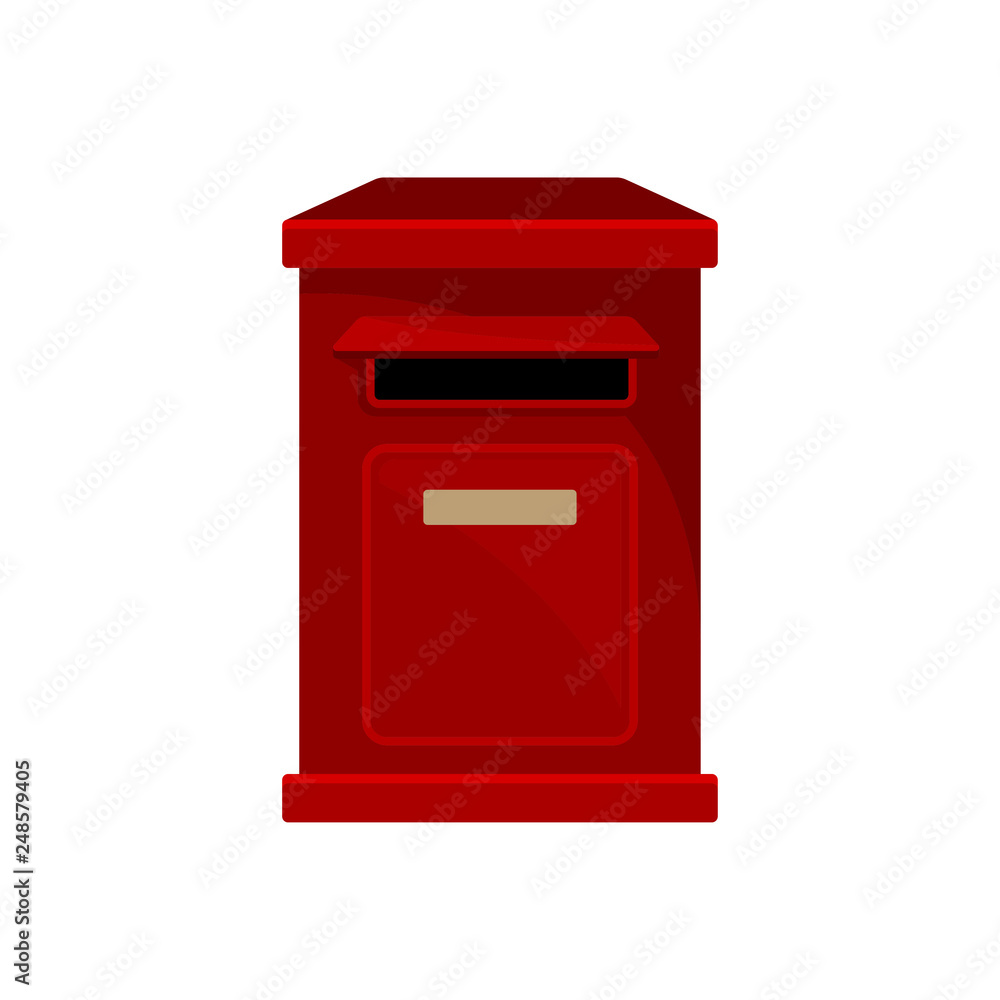 Red metal postal box. Wall-mounted mailbox. Container for letters and newspapers. Flat vector icon Red metal postal box. Wall-mounted mailbox. Container for letters and newspapers. Flat vector icon