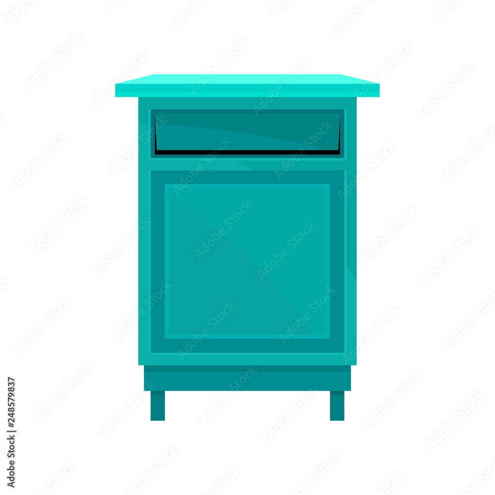 Bright blue public postbox. Street mailbox on short legs. Iron container for letters. Postal service. Flat vector icon Bright blue public postbox. Street mailbox on short legs. Iron container for letters. Postal service. Flat vector icon