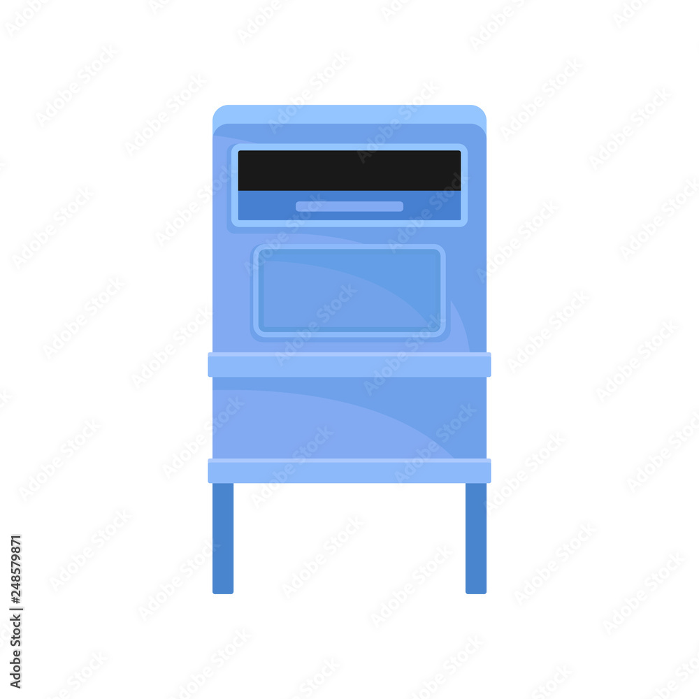 Public mailbox on legs. Street postbox. Blue metal container for correspondence. Postal service Flat vector icon Public mailbox on legs. Street postbox. Blue metal container for correspondence. Postal service Flat vector icon