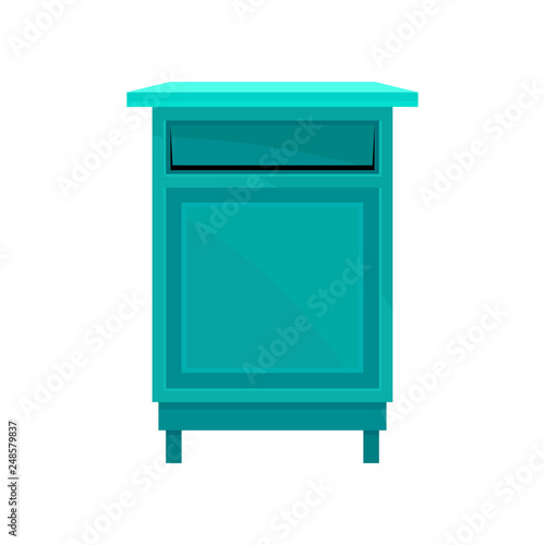 Bright blue public postbox. Street mailbox on short legs. Iron container for letters. Postal service. Flat vector icon