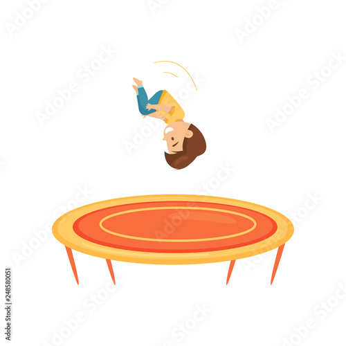 Cute little boy doing somersault on trampoline. Active recreation. Children leisure. Flat vector design