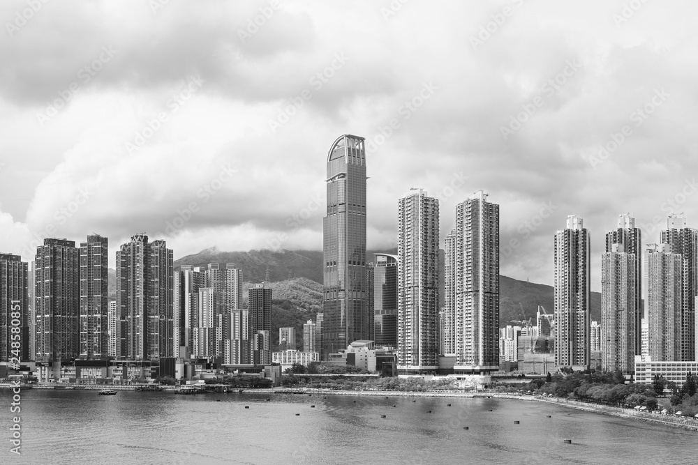 Panorama of harbor and skyline of Hong Kong city