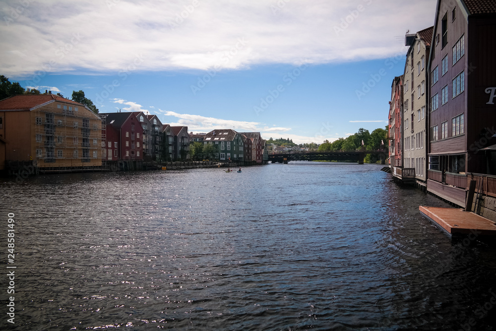 Naklejka premium Panoramic view to Nidelva river and stilt houses, Trondheim, Norway