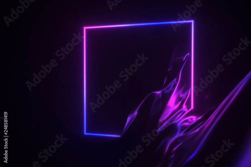 Luminous frame and flowing fabric on a dark background 3D illustration