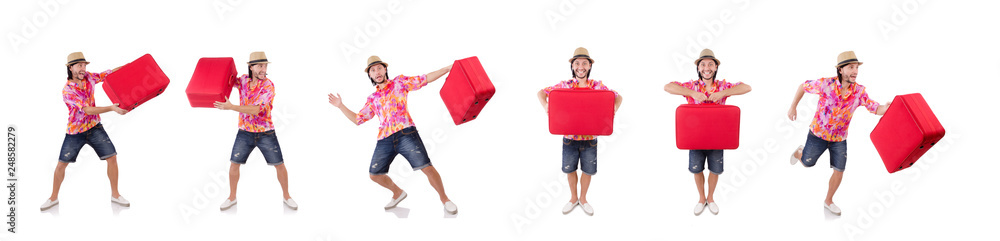 Tourist with suitcase isolated on white Tourist with suitcase isolated on white