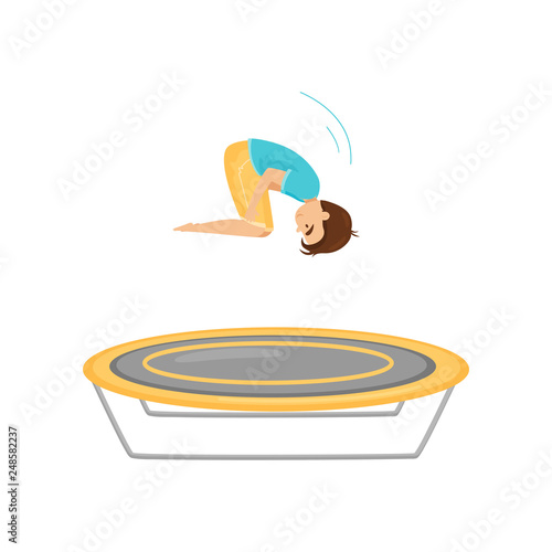 Teenage boy jumping on trampoline, kid practicing to do somersault. Active children leisure. Flat vector design
