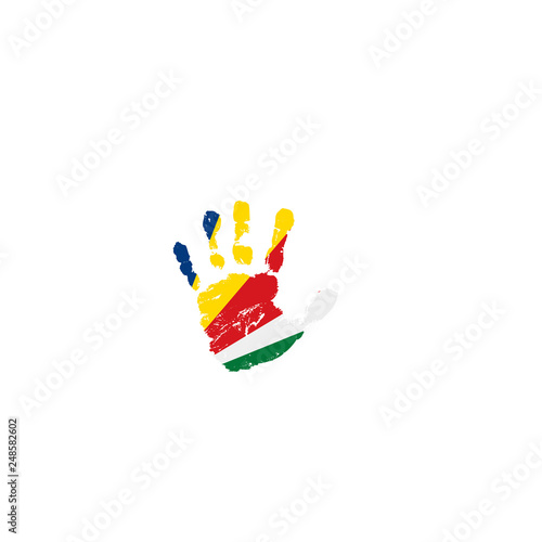 Seychelles flag and hand on white background. Vector illustration