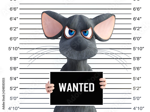 3D rendering of an angry cartoon mouse in a mugshot.