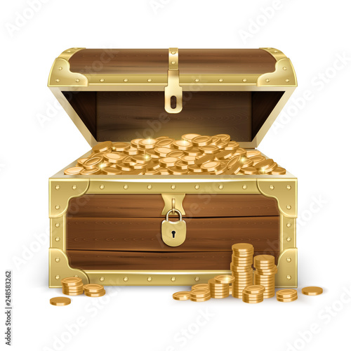 Realistic Wooden Chest With Coins