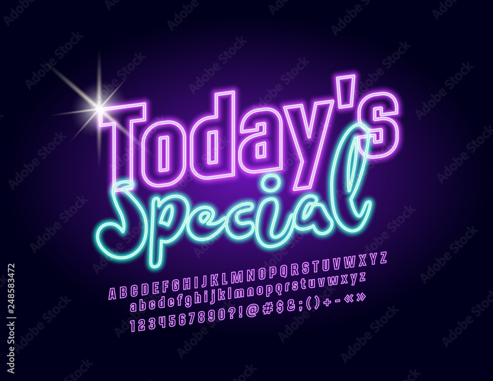Vector Marketing glowing label Today's Special with stylish Font. Violet neon Alphabet Letter, Numbers and Symbols Vector Marketing glowing label Today's Special with stylish Font. Violet neon Alphabet Letter, Numbers and Symbols