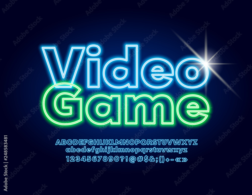 Vector glowing neon logo Video Game with modern Font. Light Alphabet Letters, Numbers and Symbols Vector glowing neon logo Video Game with modern Font. Light Alphabet Letters, Numbers and Symbols