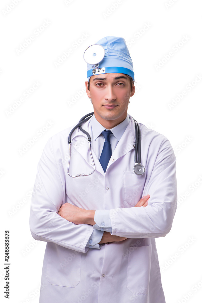 Young handsome doctor otolaryngologist isolated on white Young handsome doctor otolaryngologist isolated on white