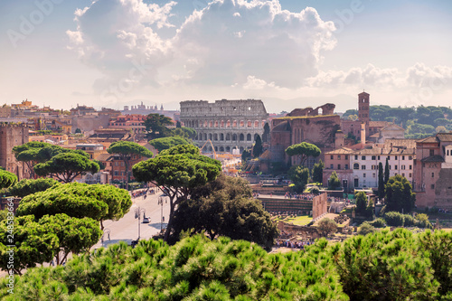 Rome skyline at sunny day with Colosseum and Roman Forum, Rome, Italy.