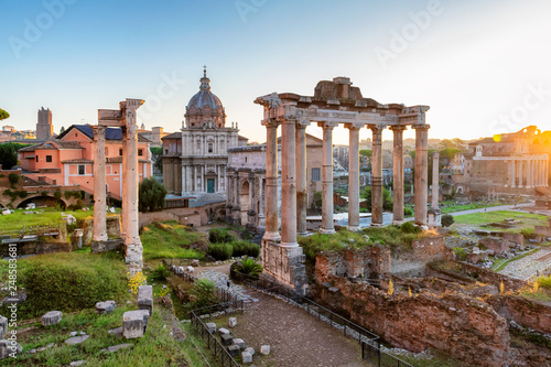 Rome at Sunrise. Beautiful view of the Roman Forum ruins in Rome, Italy