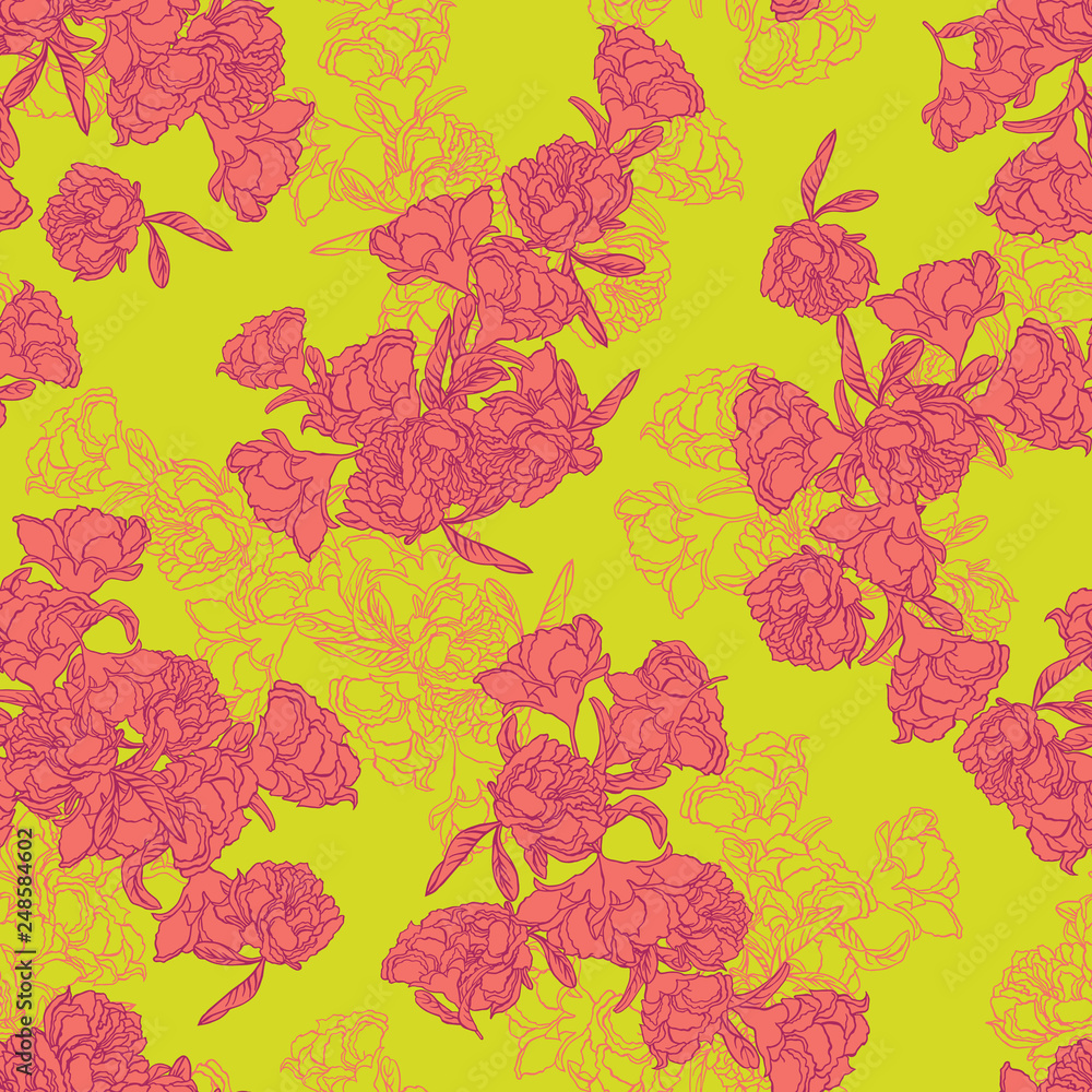 Seamless vector floral texture chinoiserie pattern background with living coral pomegranate flowers on bold neon yellow backgound