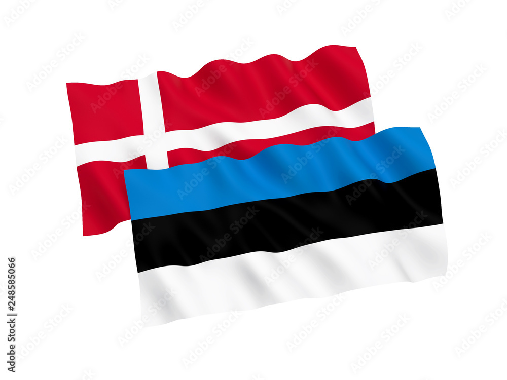 National fabric flags of Estonia and Denmark isolated on white background. 3d rendering illustration. 1 to 2 proportion. National fabric flags of Estonia and Denmark isolated on white background. 3d rendering illustration. 1 to 2 proportion.