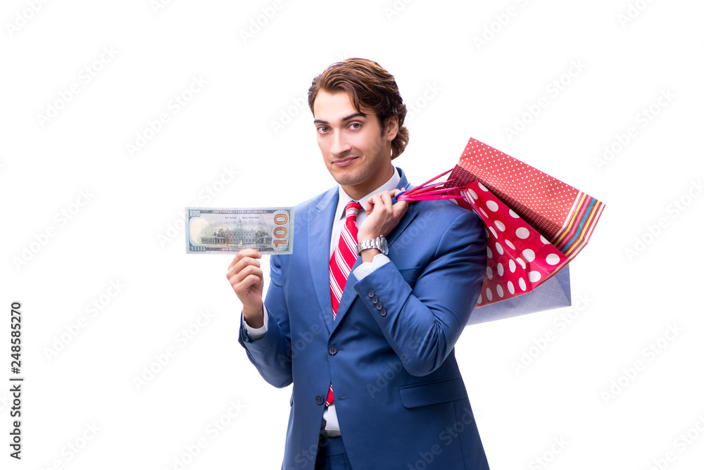 Elegant businessman with bags isolated on white Elegant businessman with bags isolated on white