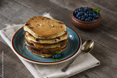 Homemade vegan pancakes with blueberries for breakfast.