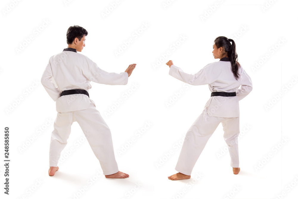 Back shot of two martial artists ready to  fight, isolated background