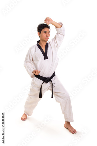 Defense stance, full body portrait, isolated background