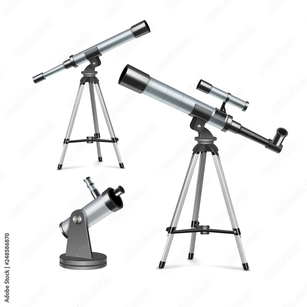 Vector set silver optical telescopes on stand and tripod, astronomical instruments isolated on background Vector set silver optical telescopes on stand and tripod, astronomical instruments isolated on background