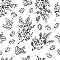Handdoek met foto Koffie patronen Grafische koffietakken met bladeren en bonen  © Evgeniia Andronova
