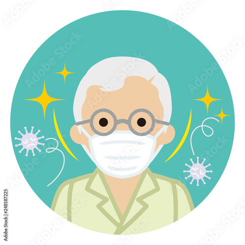 Senior man wearing a mask for prevent flu virus - front view, Circular icon