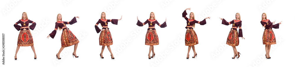Woman in dress with oriental prints isolated on white Woman in dress with oriental prints isolated on white