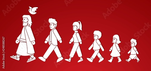 Walk with Jesus, Follow Jesus cartoon graphic vector.