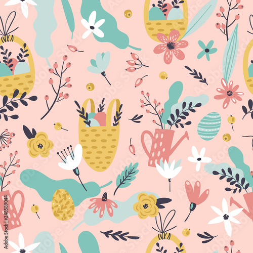 Cute Easter seamless pattern with eggs in basket, flowers, branches, leaves and berries. Endless Spring background.