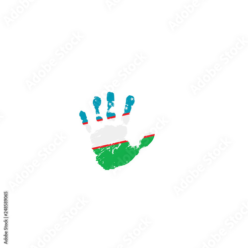 Uzbekistan flag and hand on white background. Vector illustration