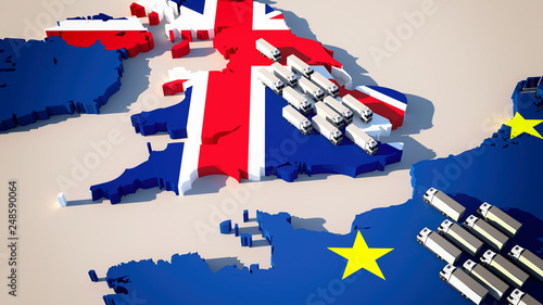 Europe map with waiting trucks - Brexit / border control/ customs check / 3d-illustration