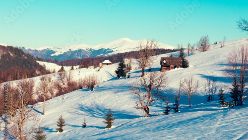 Beautiful winter panorama with fresh powder snow. Landscape with spruce trees, blue sky with sun light and colorful clouds and high mountains on background © kishivan