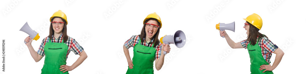 Woman wearing hard hat with loudspeaker Woman wearing hard hat with loudspeaker