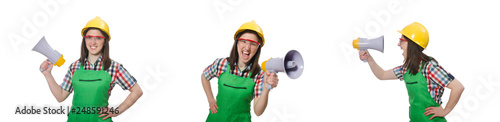 Woman wearing hard hat with loudspeaker