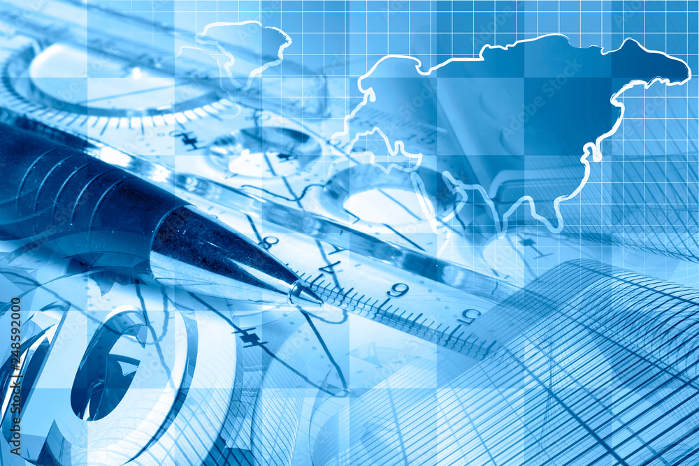 Graph, ruler, pen and map