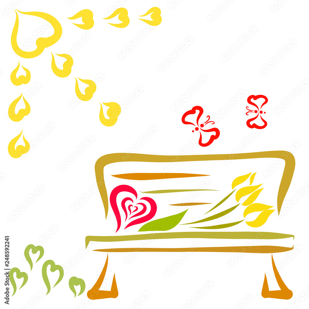 Obraz premium a bouquet of flowers and a heart on a bench, butterflies, the sun and flowers