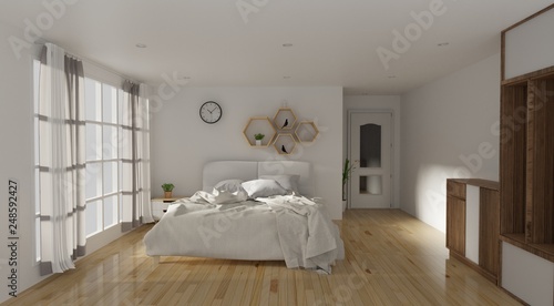 Living coral style and Modern bedroom interior decor concept,king size bed,3d rendering