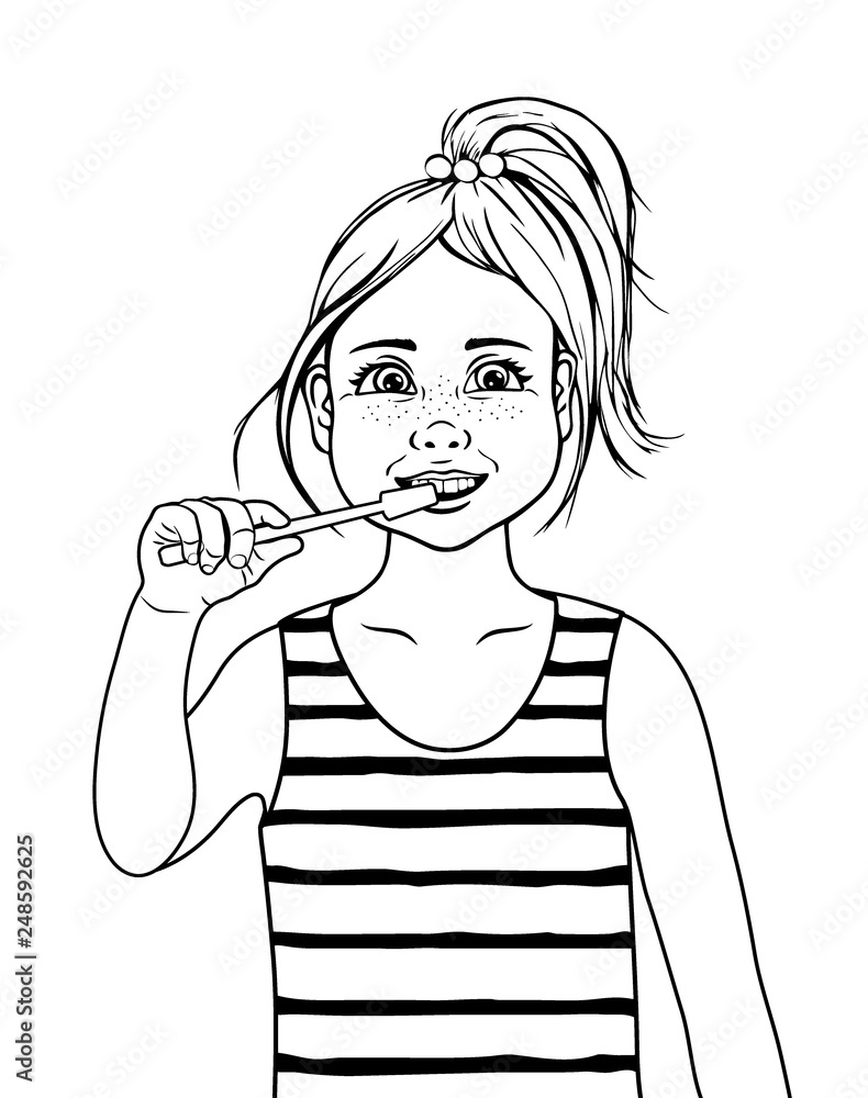 Coloring page outline of cartoon cute girl. Coloring book for kids. Daily  routine. Girl brushing her teeth. Vector illustration Stock Vector | Adobe  Stock