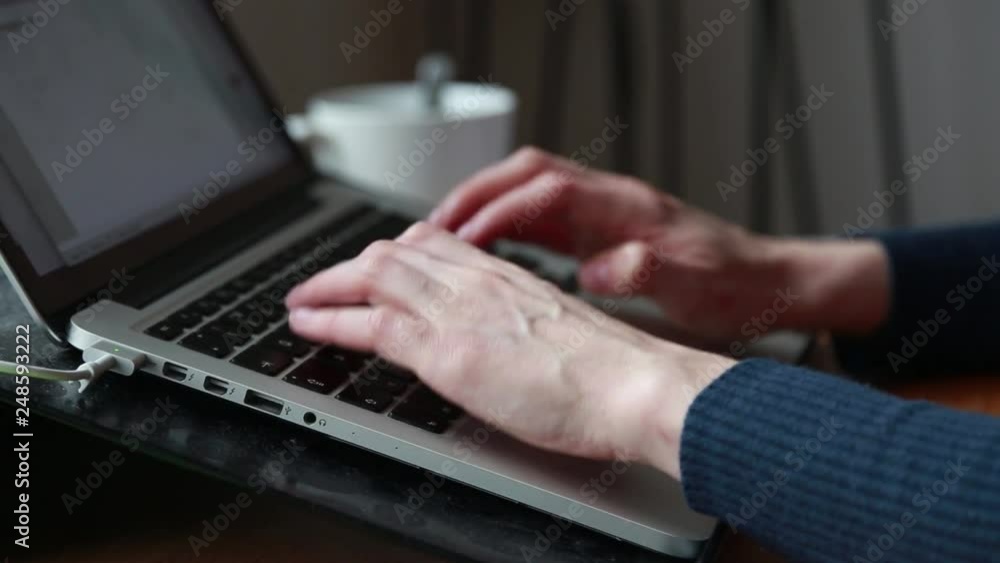 Closeup female freelancer sitting front open laptop computer with cup of coffee, young business woman work on notebook typing text, freelancer hipster working at home Closeup female freelancer sitting front open laptop computer with cup of coffee, young business woman work on notebook typing text, freelancer hipster working at home